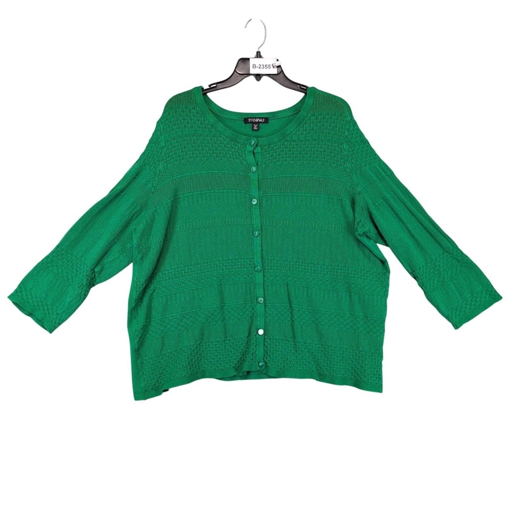 Roz & Ali Green Pointelle Textured Cardigan Sweater Womens Plus Size 2X Preppy